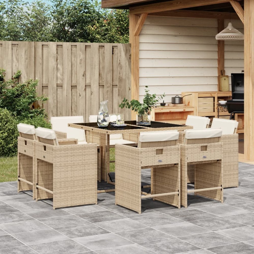 vidaXL Matgrupp för trädgården med dynor 9 delar beige konstrotting