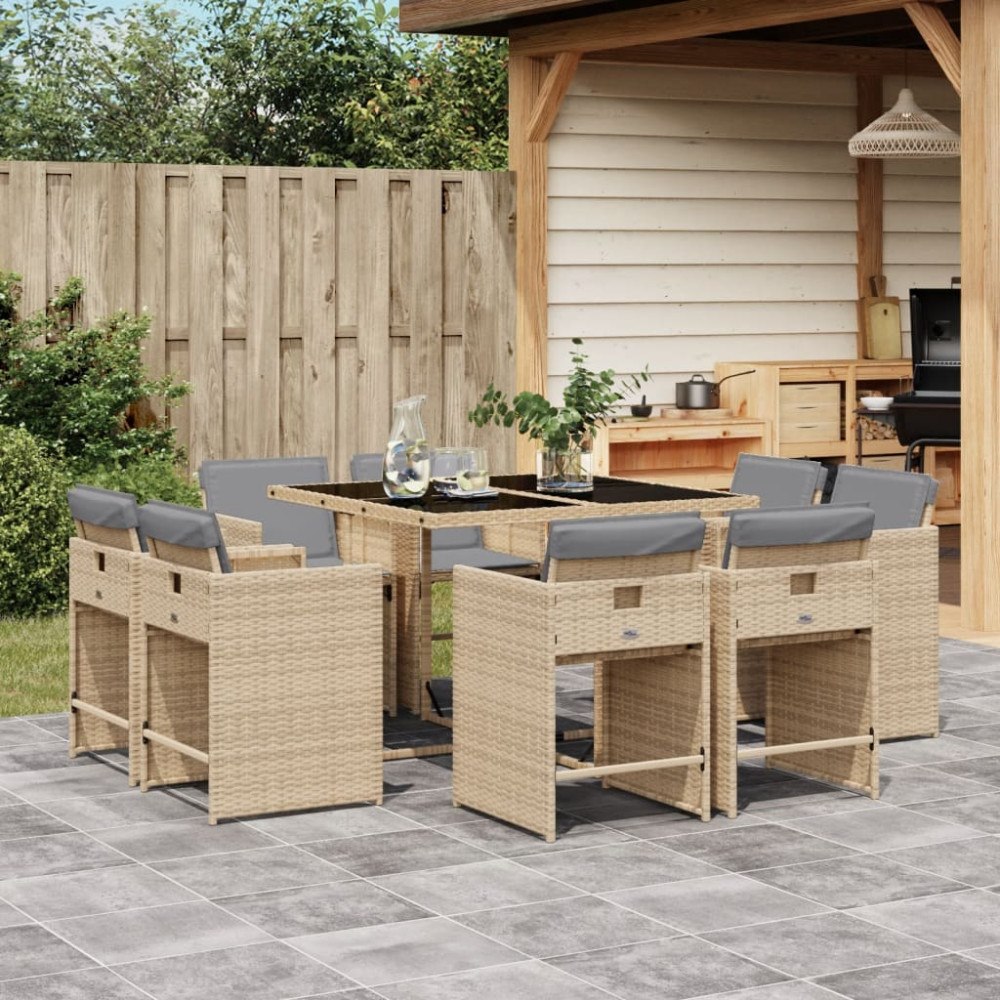 vidaXL Matgrupp för trädgården med dynor 9 delar mixbeige konstrotting
