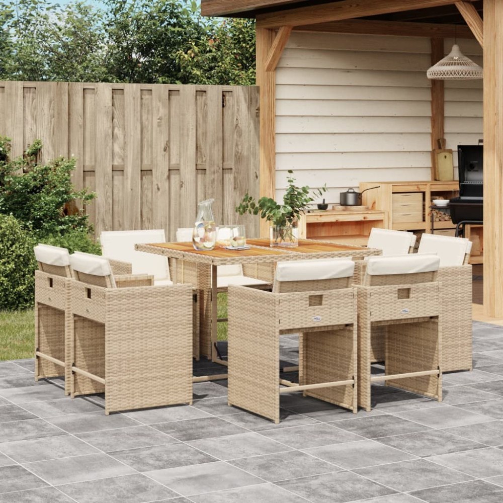 vidaXL Matgrupp för trädgården med dynor 9 delar beige konstrotting