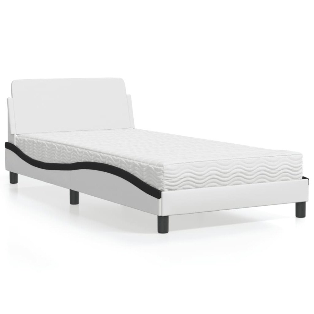 vidaXL Bed with Mattress "Dover" White and Black 100x200 cm Faux Leather