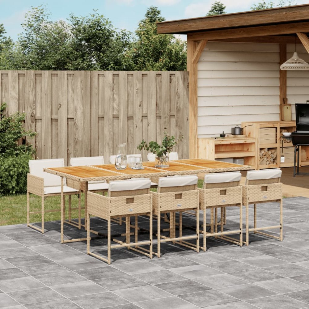 vidaXL Matgrupp för trädgården med dynor 9 delar beige konstrotting