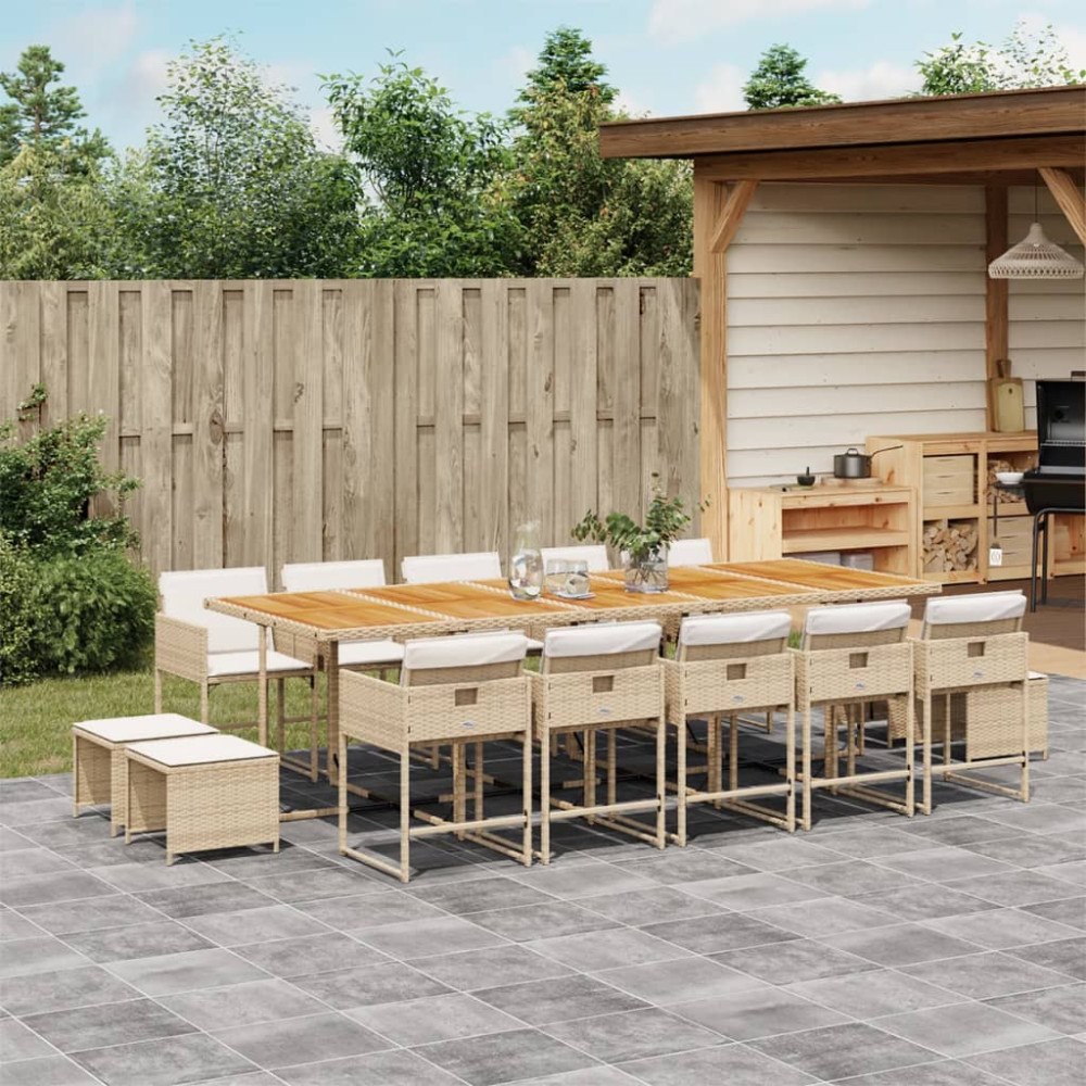 vidaXL Matgrupp för trädgården med dynor 15 delar beige konstrotting