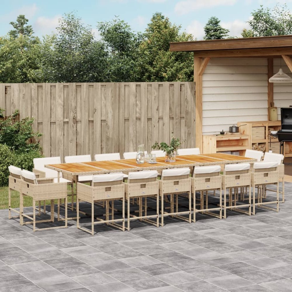 vidaXL Matgrupp för trädgården med dynor 17 delar beige konstrotting