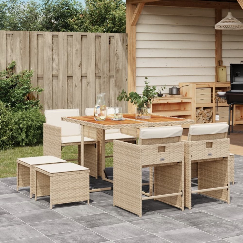 vidaXL Matgrupp för trädgården med dynor 9 delar beige konstrotting