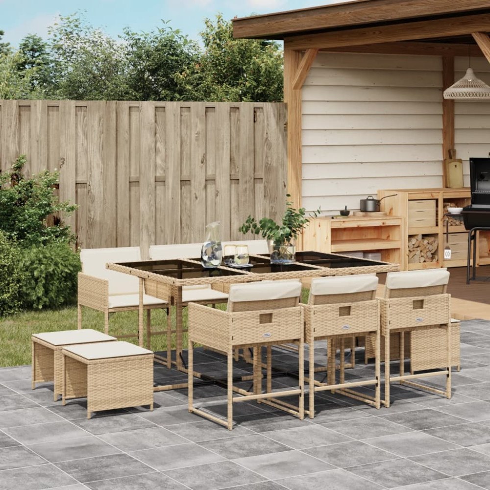 vidaXL Matgrupp för trädgården med dynor 11 delar beige konstrotting