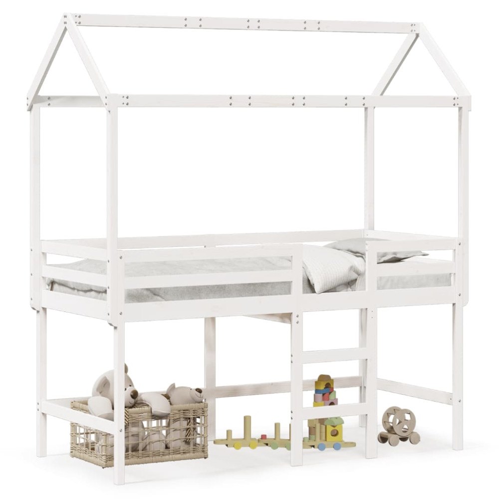 vidaXL Våningssäng med stege och tak vit 90x190 cm massiv furu