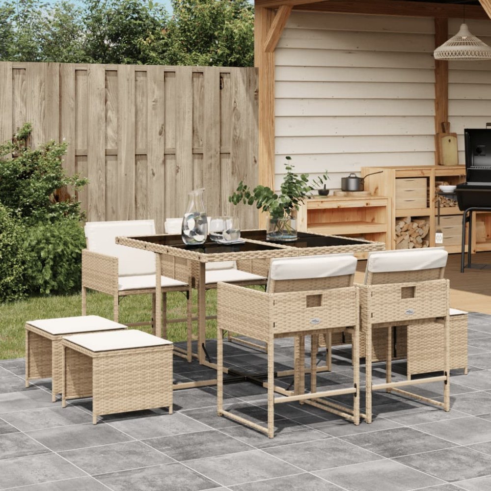 vidaXL Matgrupp för trädgården med dynor 9 delar beige konstrotting