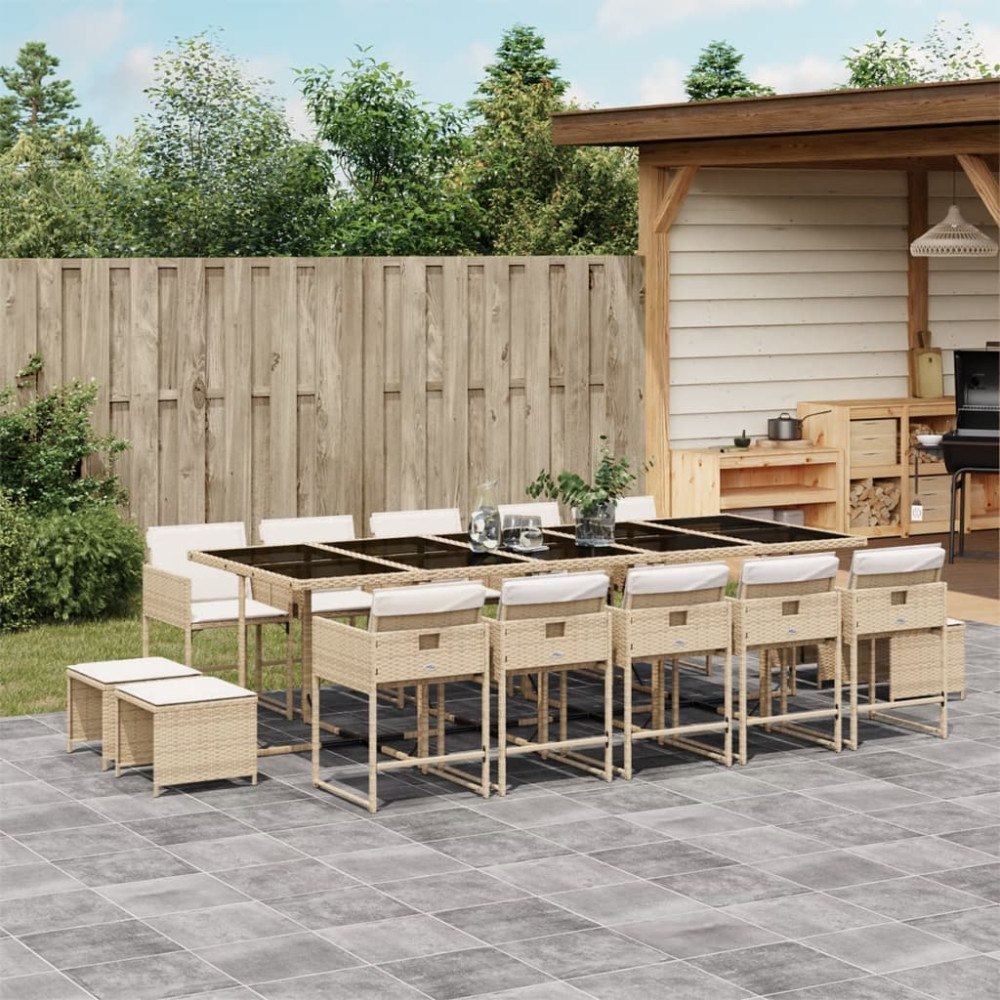 vidaXL Matgrupp för trädgården med dynor 15 delar beige konstrotting
