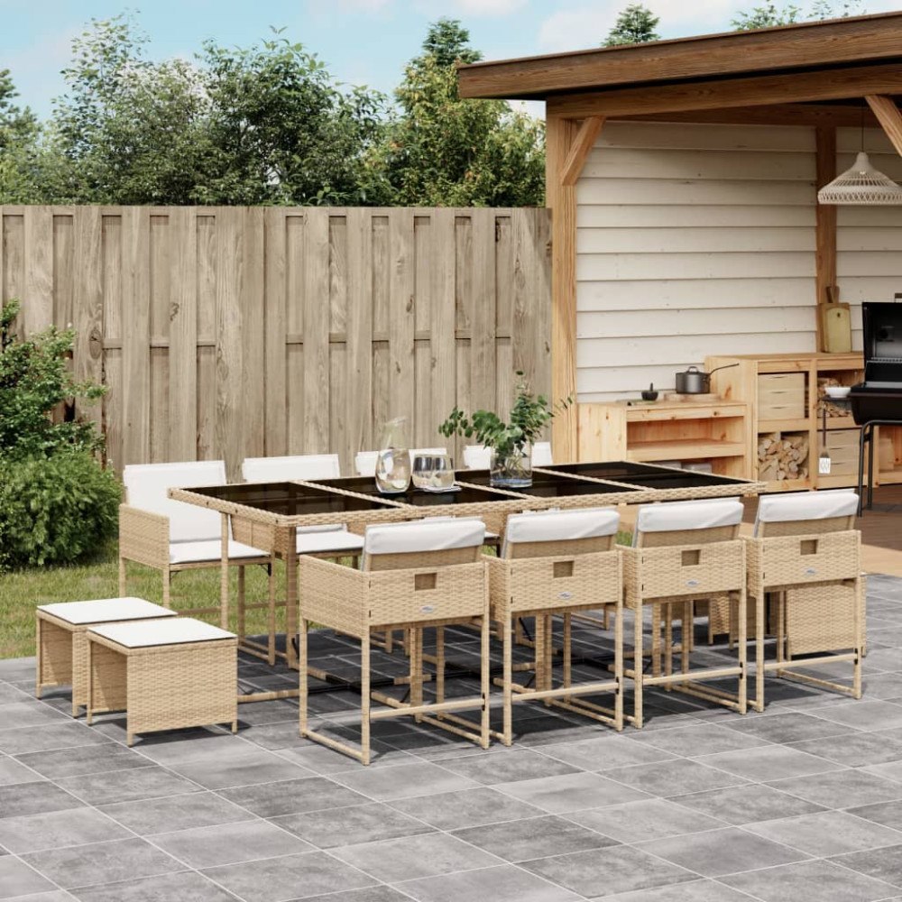 vidaXL Matgrupp för trädgården med dynor 13 delar beige konstrotting