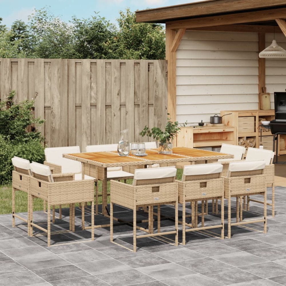 vidaXL Matgrupp för trädgården med dynor 11 delar beige konstrotting