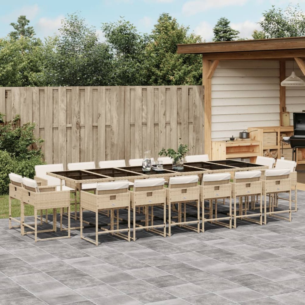 vidaXL Matgrupp för trädgården med dynor 17 delar beige konstrotting