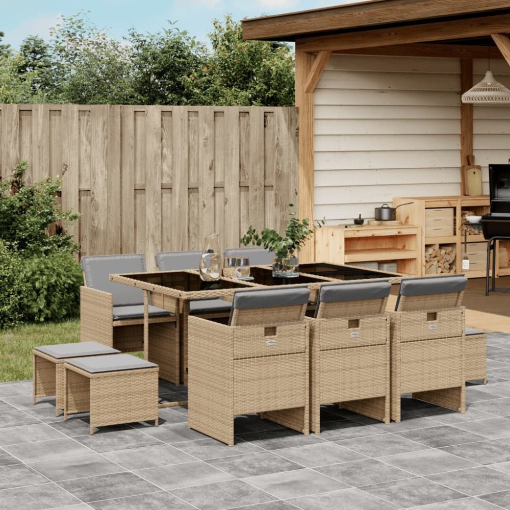 vidaXL Matgrupp för trädgården med dynor 11delar mixbeige konstrotting