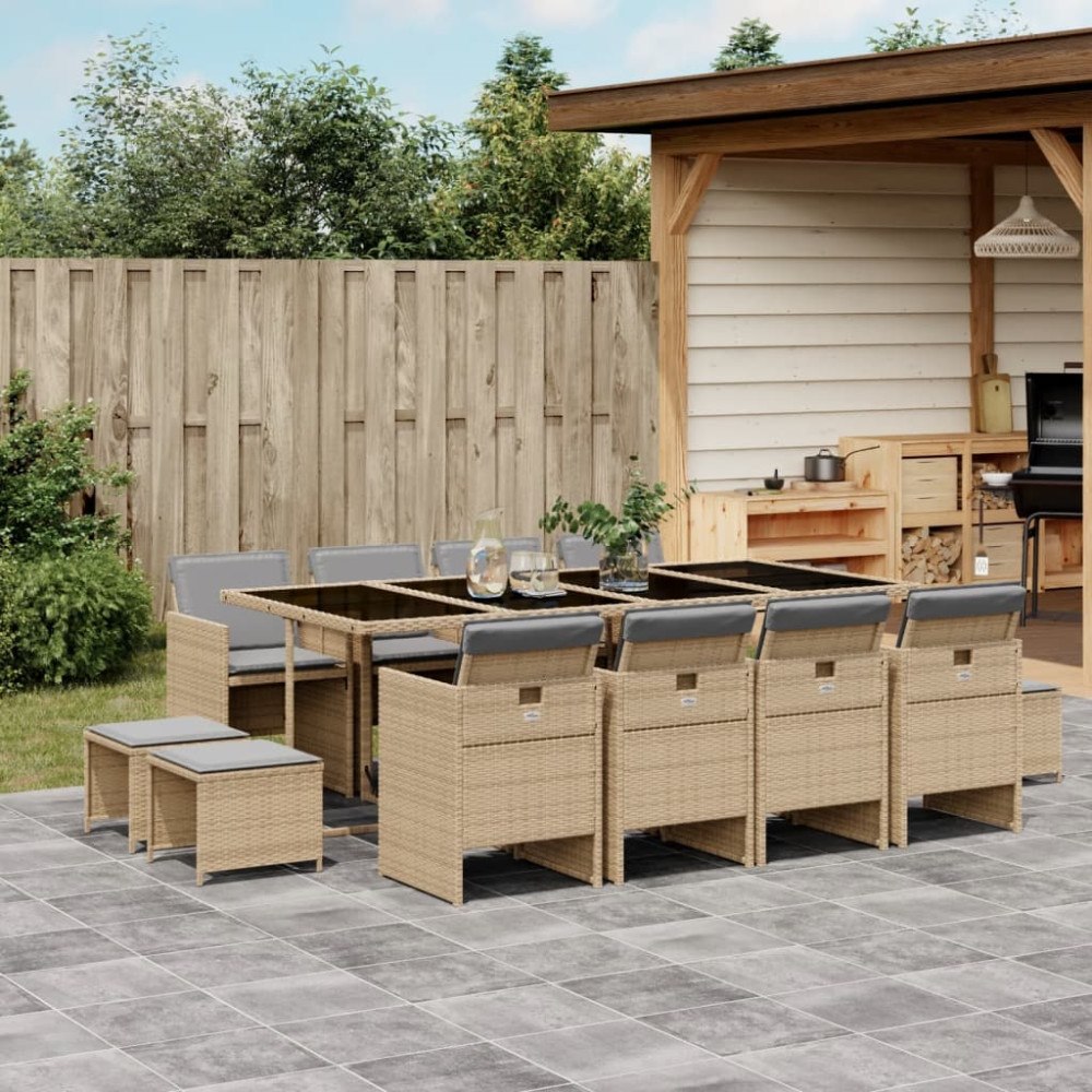 vidaXL Matgrupp för trädgården med dynor 13delar mixbeige konstrotting