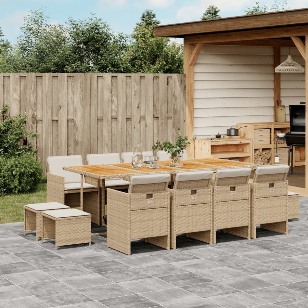 vidaXL Matgrupp för trädgården med dynor 13 delar beige konstrotting