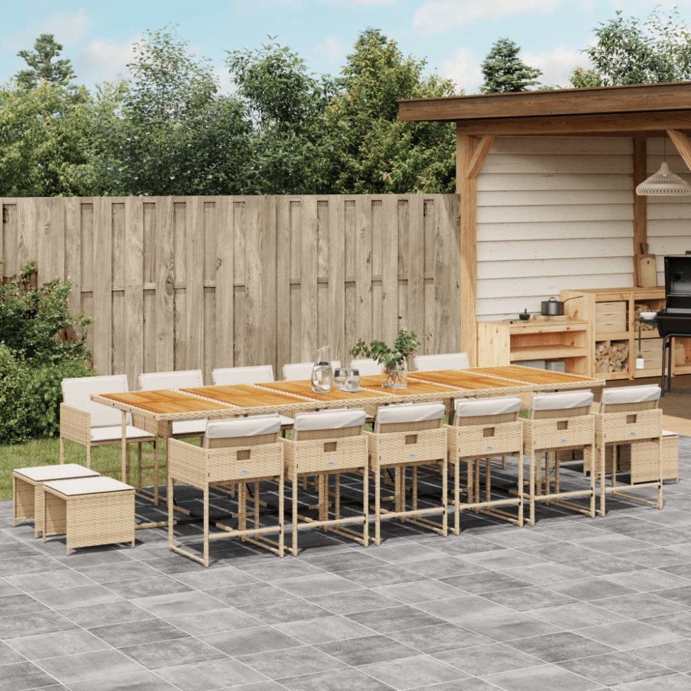 vidaXL Matgrupp för trädgården med dynor 17 delar beige konstrotting