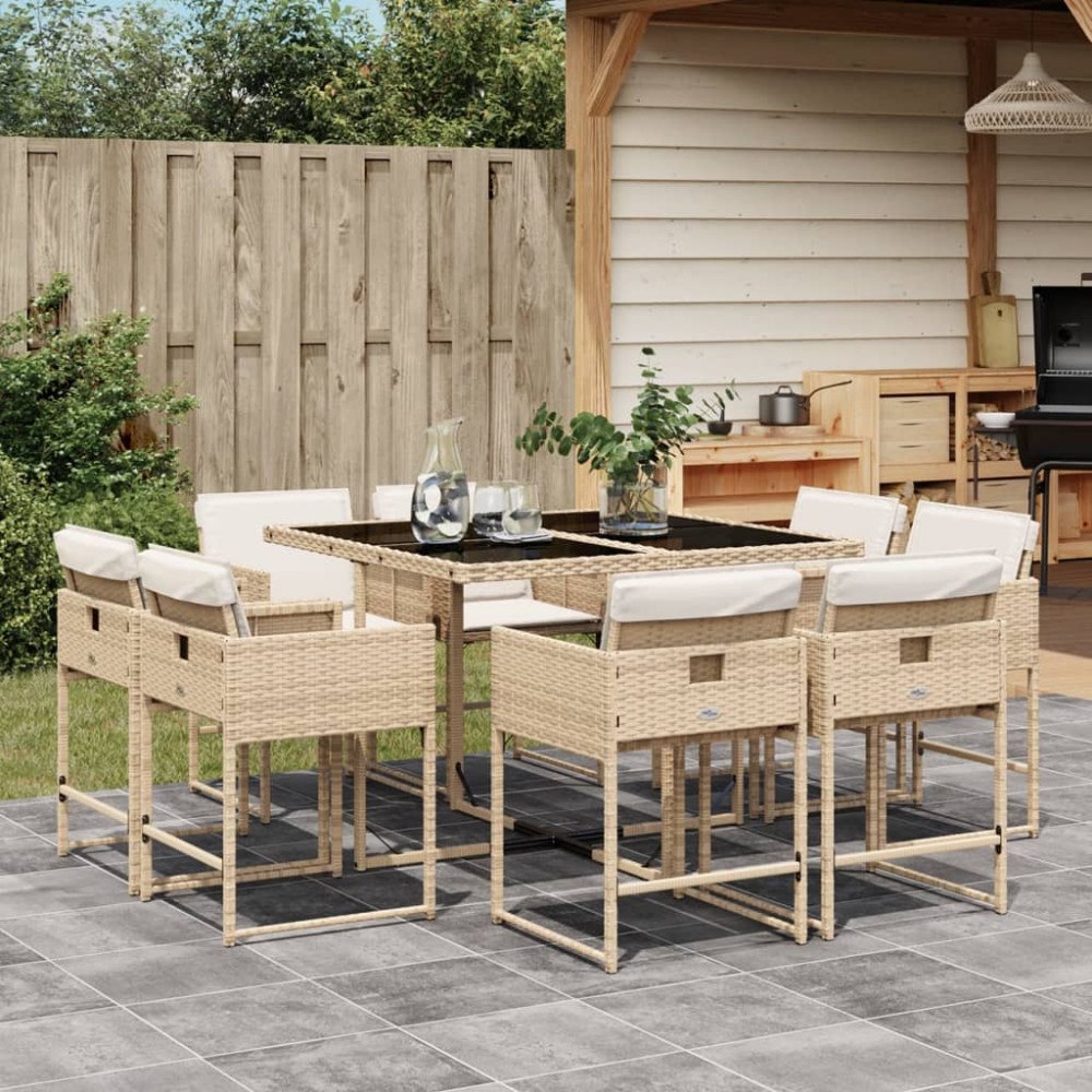 vidaXL Matgrupp för trädgården med dynor 9 delar beige konstrotting