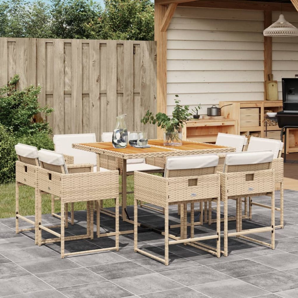 vidaXL Matgrupp för trädgården med dynor 9 delar beige konstrotting