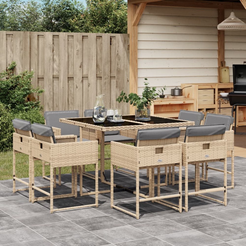 vidaXL Matgrupp för trädgården med dynor 9 delar mixbeige konstrotting