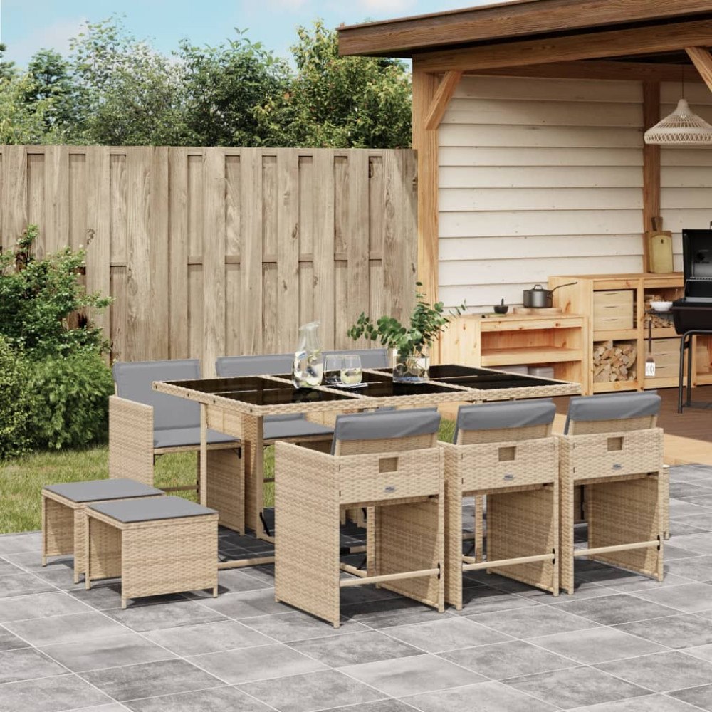 vidaXL Matgrupp för trädgården med dynor 11delar mixbeige konstrotting