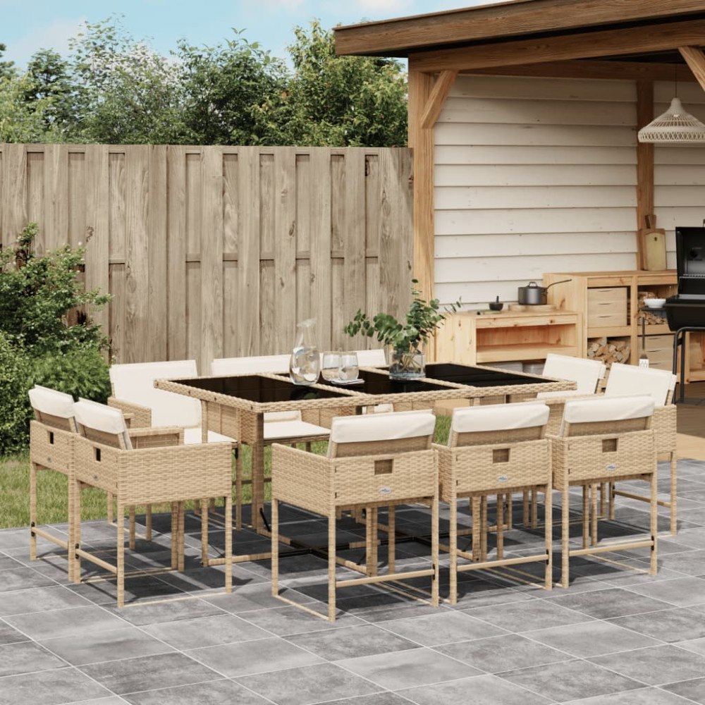 vidaXL Matgrupp för trädgården med dynor 11 delar beige konstrotting