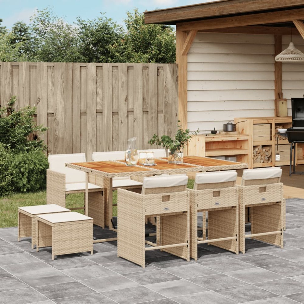vidaXL Matgrupp för trädgården med dynor 11 delar beige konstrotting