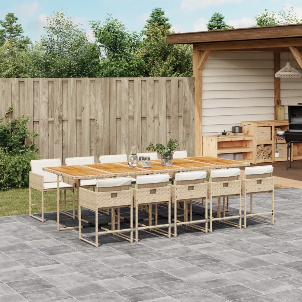 vidaXL Matgrupp för trädgården med dynor 11 delar beige konstrotting