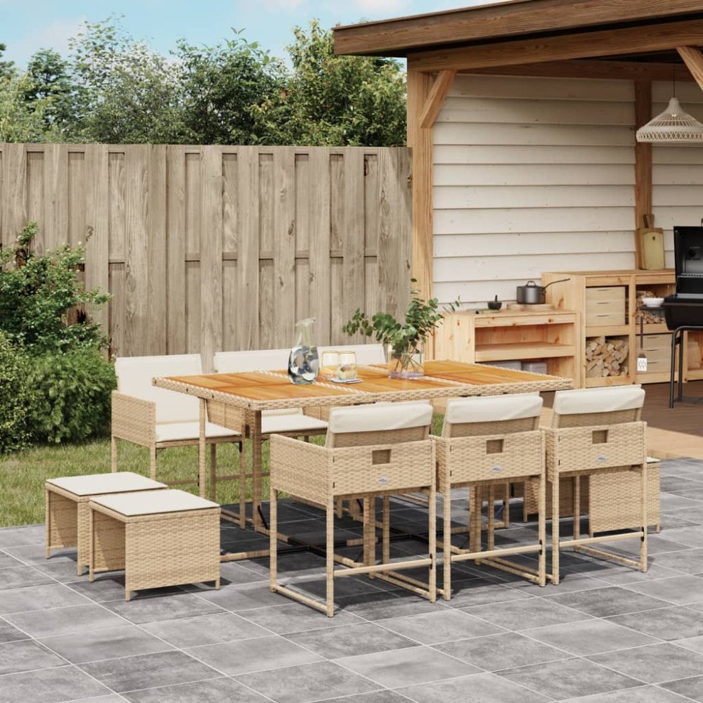 vidaXL Matgrupp för trädgården med dynor 11 delar beige konstrotting