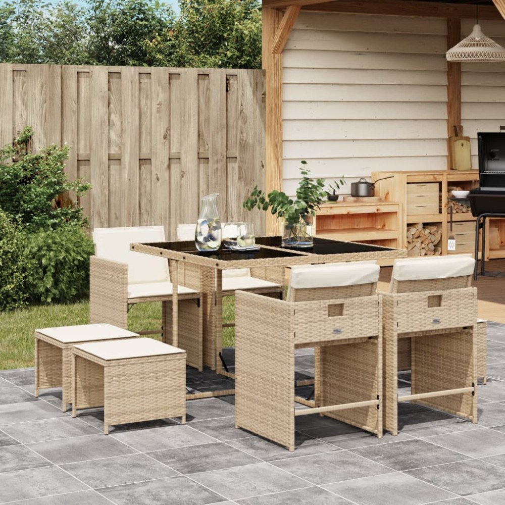 vidaXL Matgrupp för trädgården med dynor 9 delar beige konstrotting