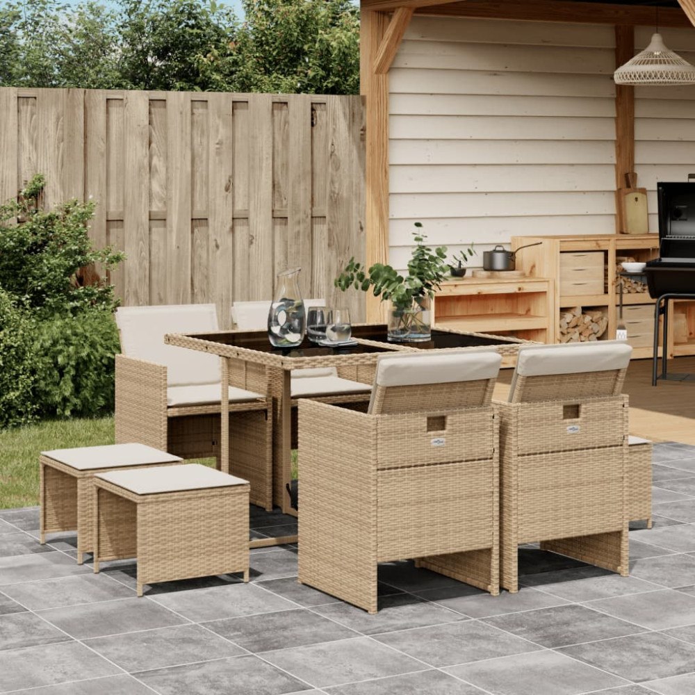 vidaXL Matgrupp för trädgården med dynor 9 delar beige konstrotting