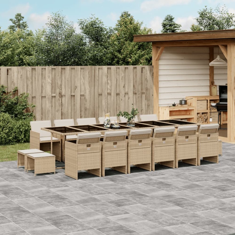 vidaXL Matgrupp för trädgården med dynor 17 delar beige konstrotting