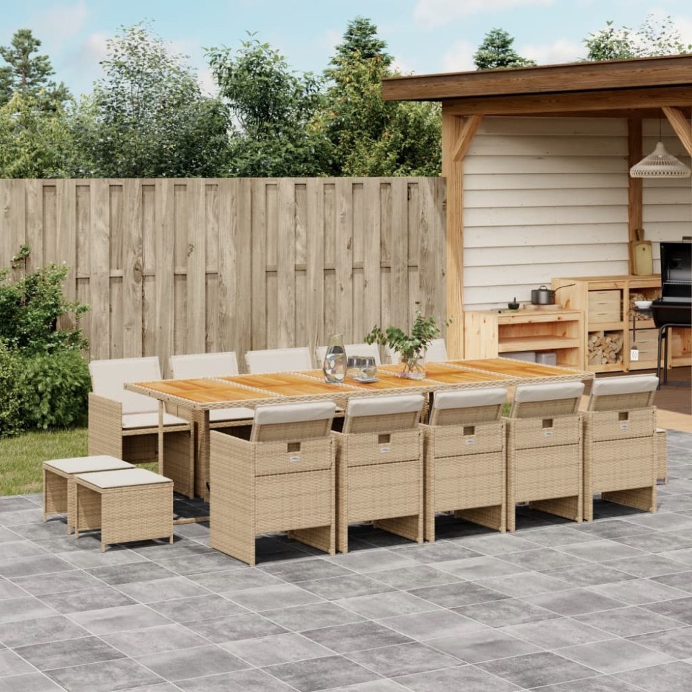 vidaXL Matgrupp för trädgården med dynor 15 delar beige konstrotting