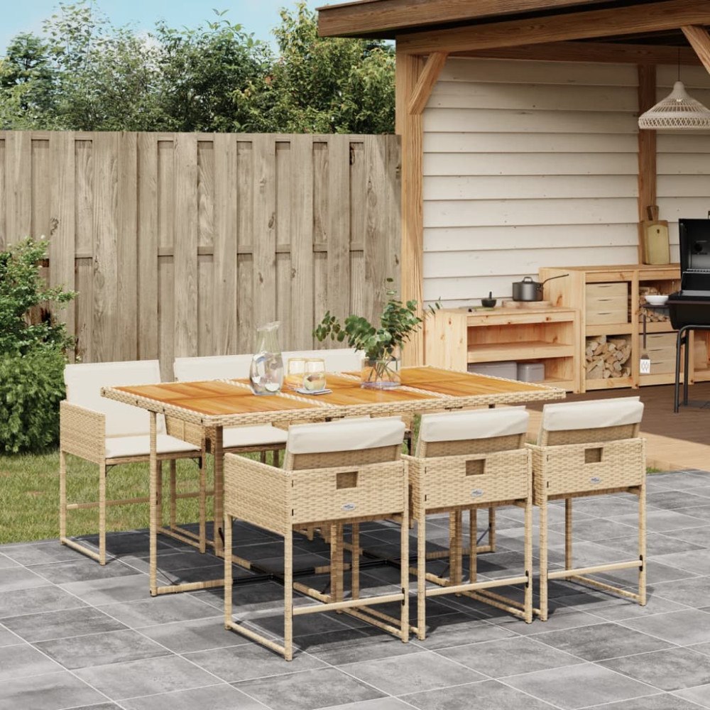 vidaXL Matgrupp för trädgården med dynor 7 delar beige konstrotting