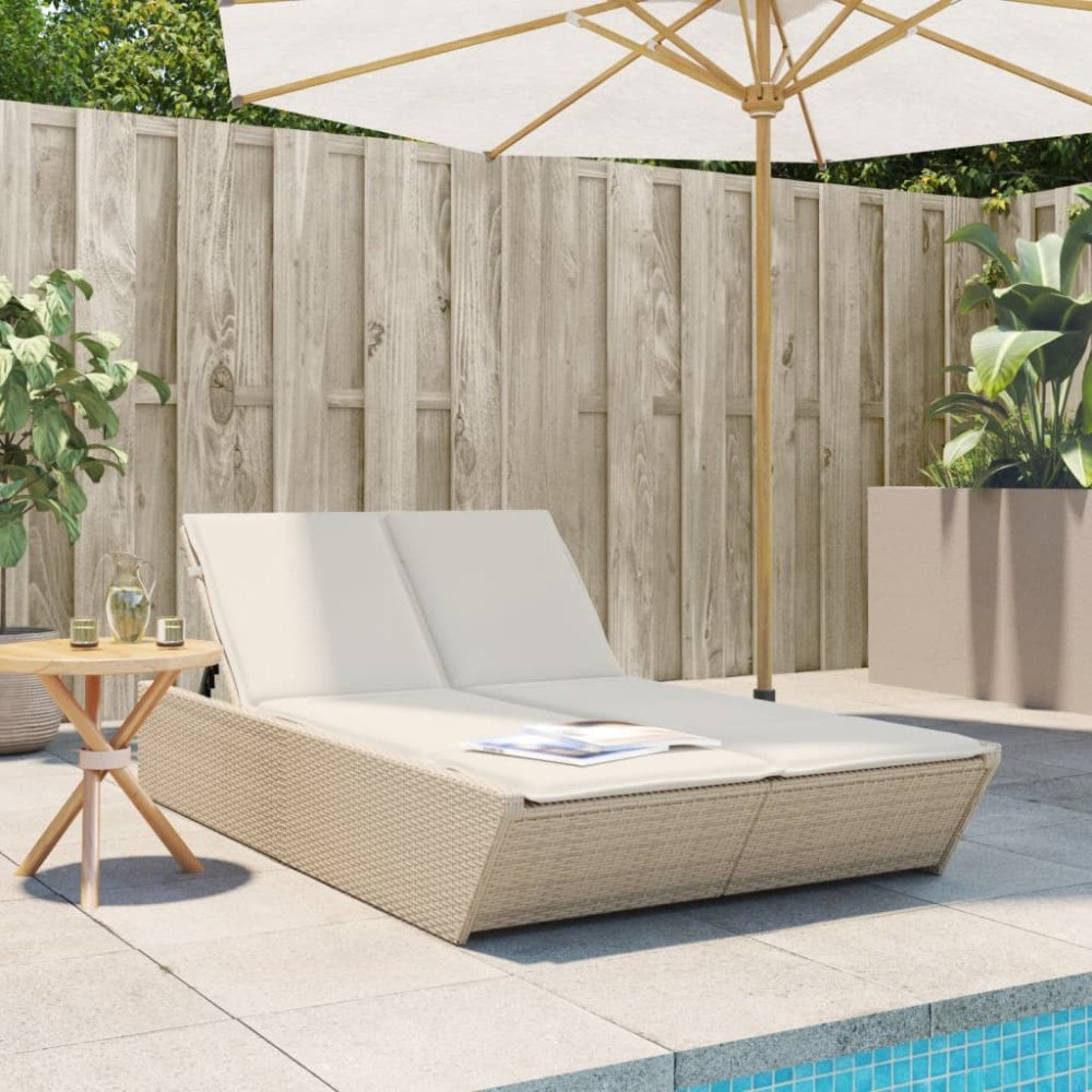 vidaXL Dubbel solsäng med dynor beige konstrotting