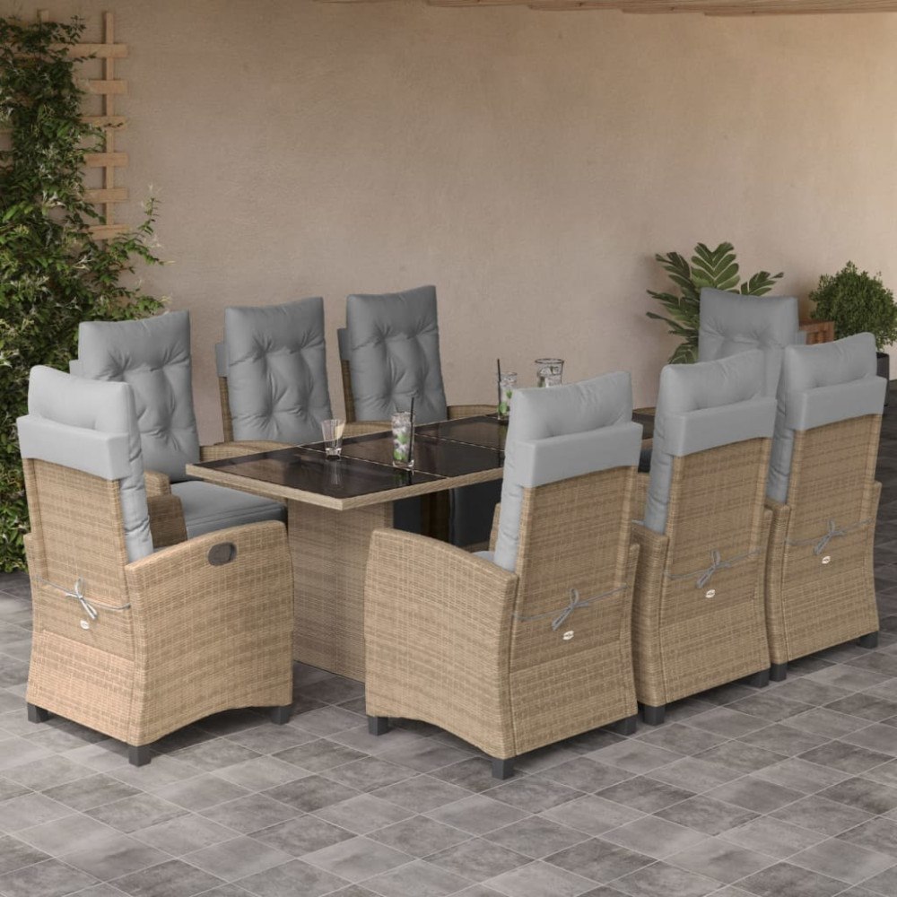 vidaXL Matgrupp för trädgården med dynor 9 delar mixbeige konstrotting