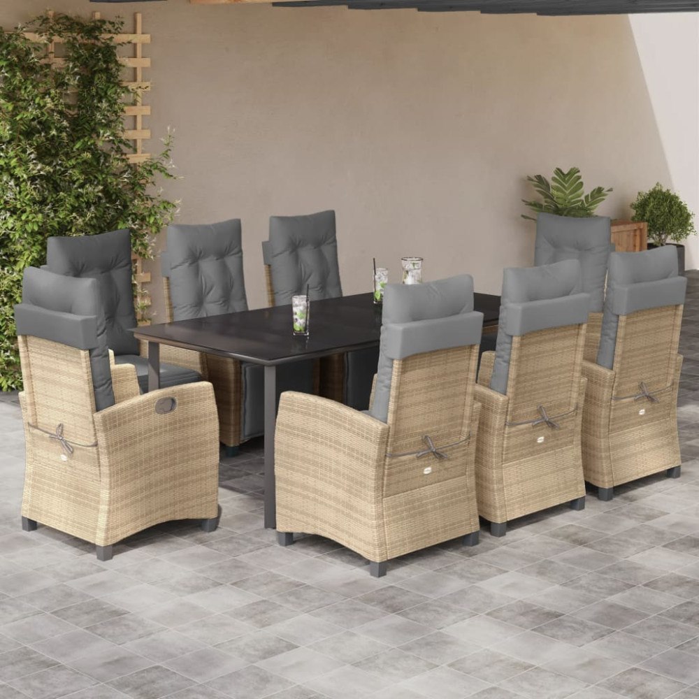 vidaXL Matgrupp för trädgården med dynor 9 delar mixbeige konstrotting