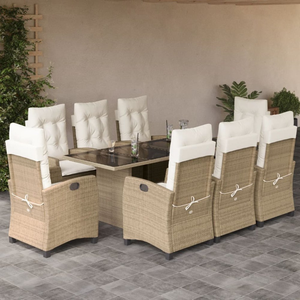 vidaXL Matgrupp för trädgården med dynor 9 delar beige konstrotting
