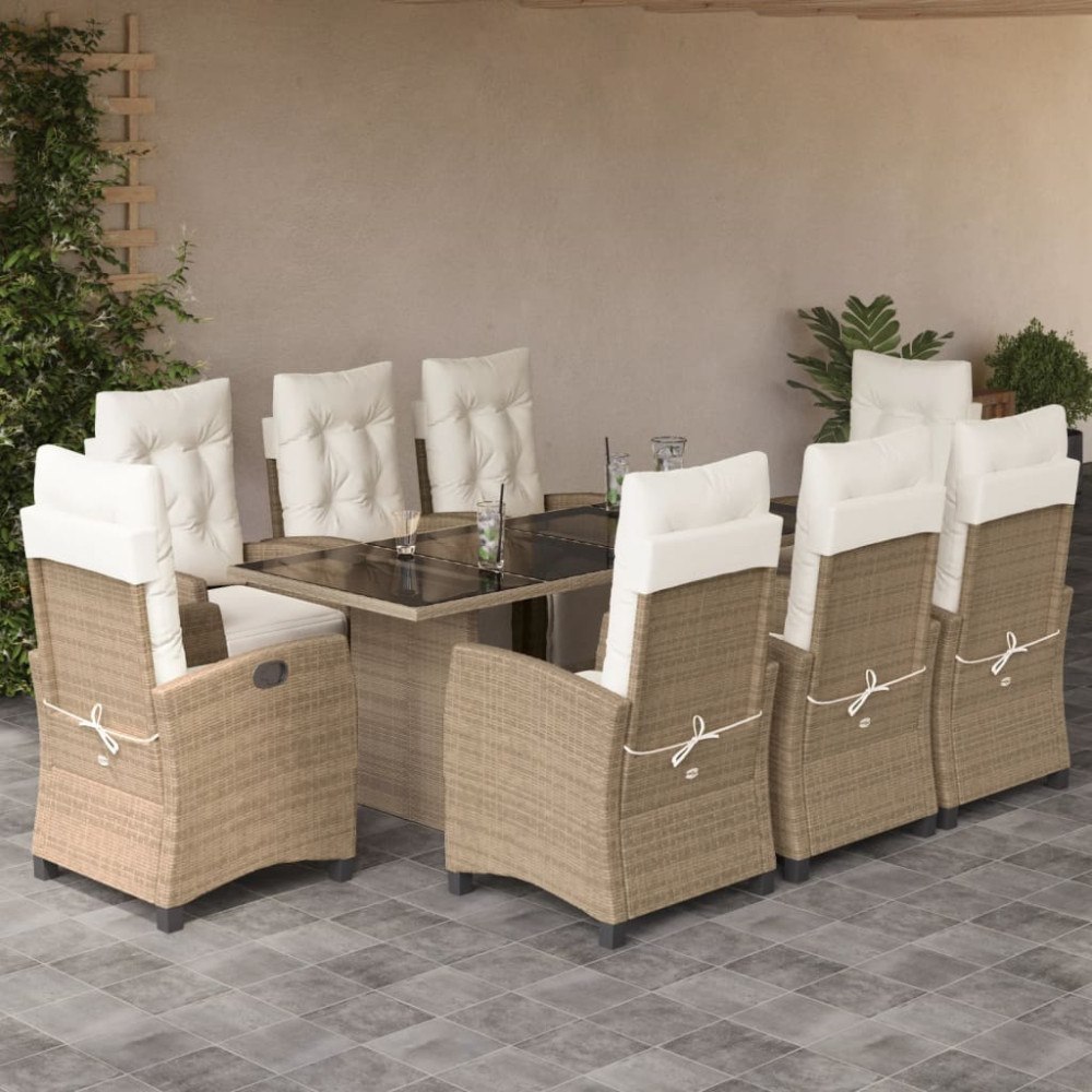vidaXL Matgrupp för trädgården med dynor 9 delar beige konstrotting