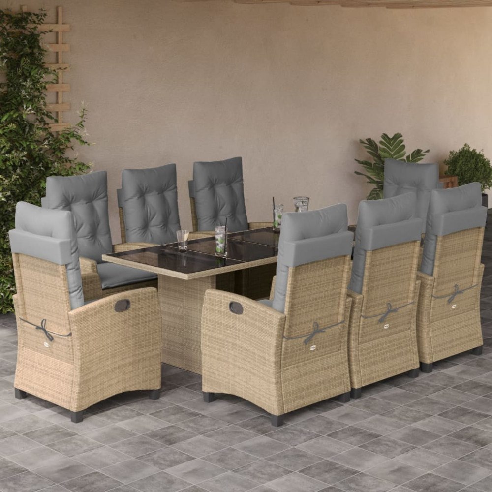 vidaXL Matgrupp för trädgården med dynor 9 delar mixbeige konstrotting