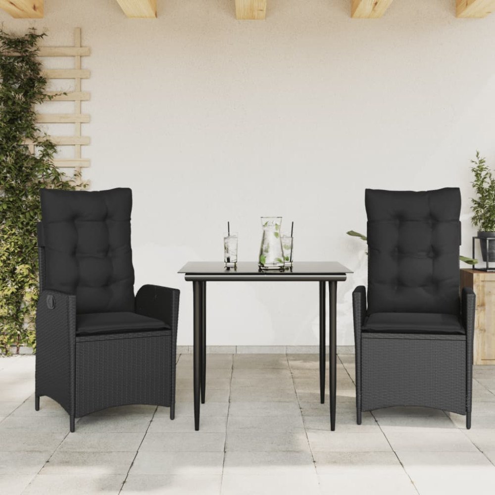 vidaXL Matgrupp för trädgården med dynor 3 delar svart konstrotting