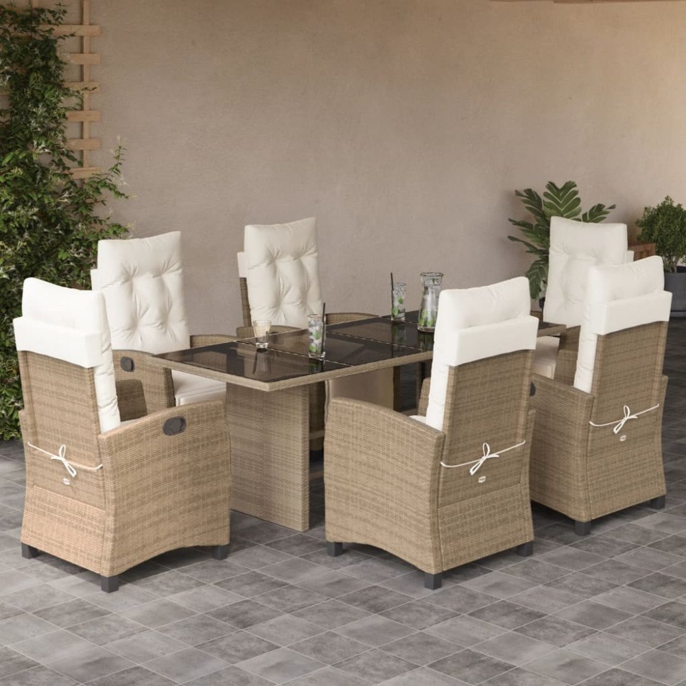 vidaXL Matgrupp för trädgården med dynor 7 delar beige konstrotting