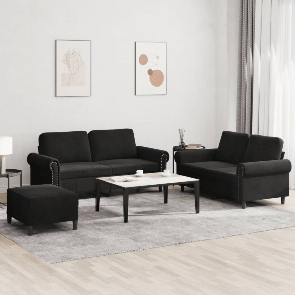 vidaXL Soffgrupp med dynor 3 delar svart sammet
