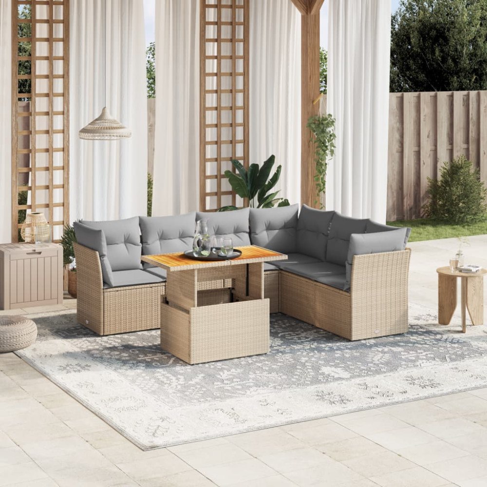 vidaXL Matgrupp för trädgården med dynor 7 delar beige konstrotting