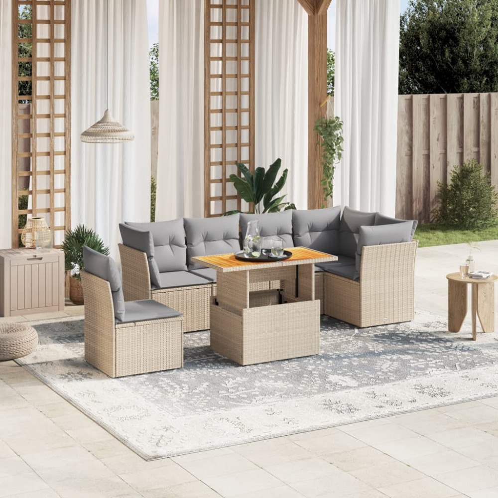 vidaXL Matgrupp för trädgården med dynor 7 delar beige konstrotting