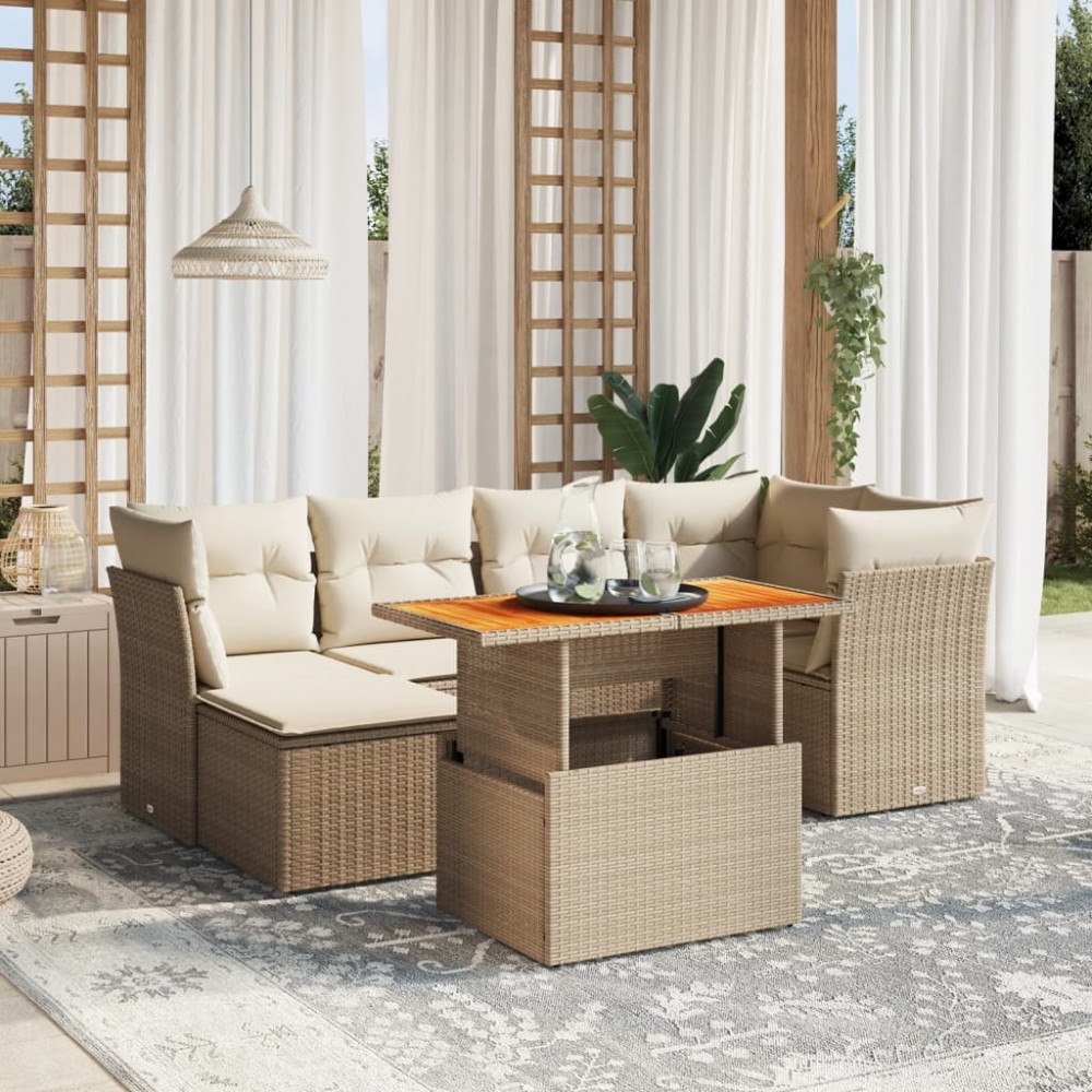 vidaXL Matgrupp för trädgården med dynor 7 delar beige konstrotting