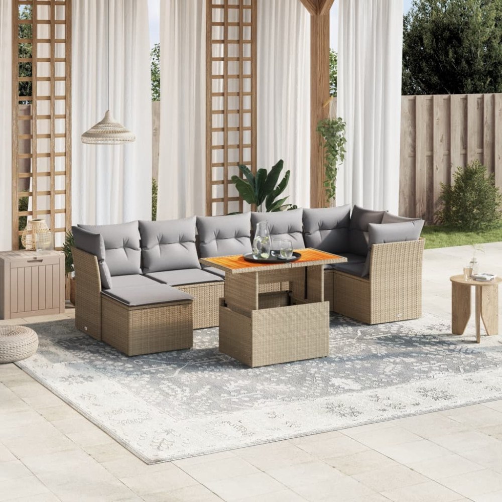 vidaXL Matgrupp för trädgården med dynor 8 delar beige konstrotting