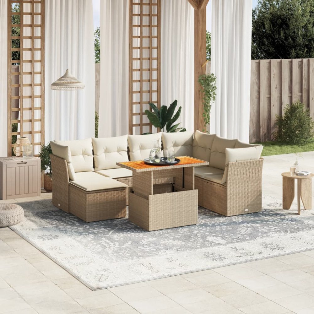 vidaXL Matgrupp för trädgården med dynor 8 delar beige konstrotting