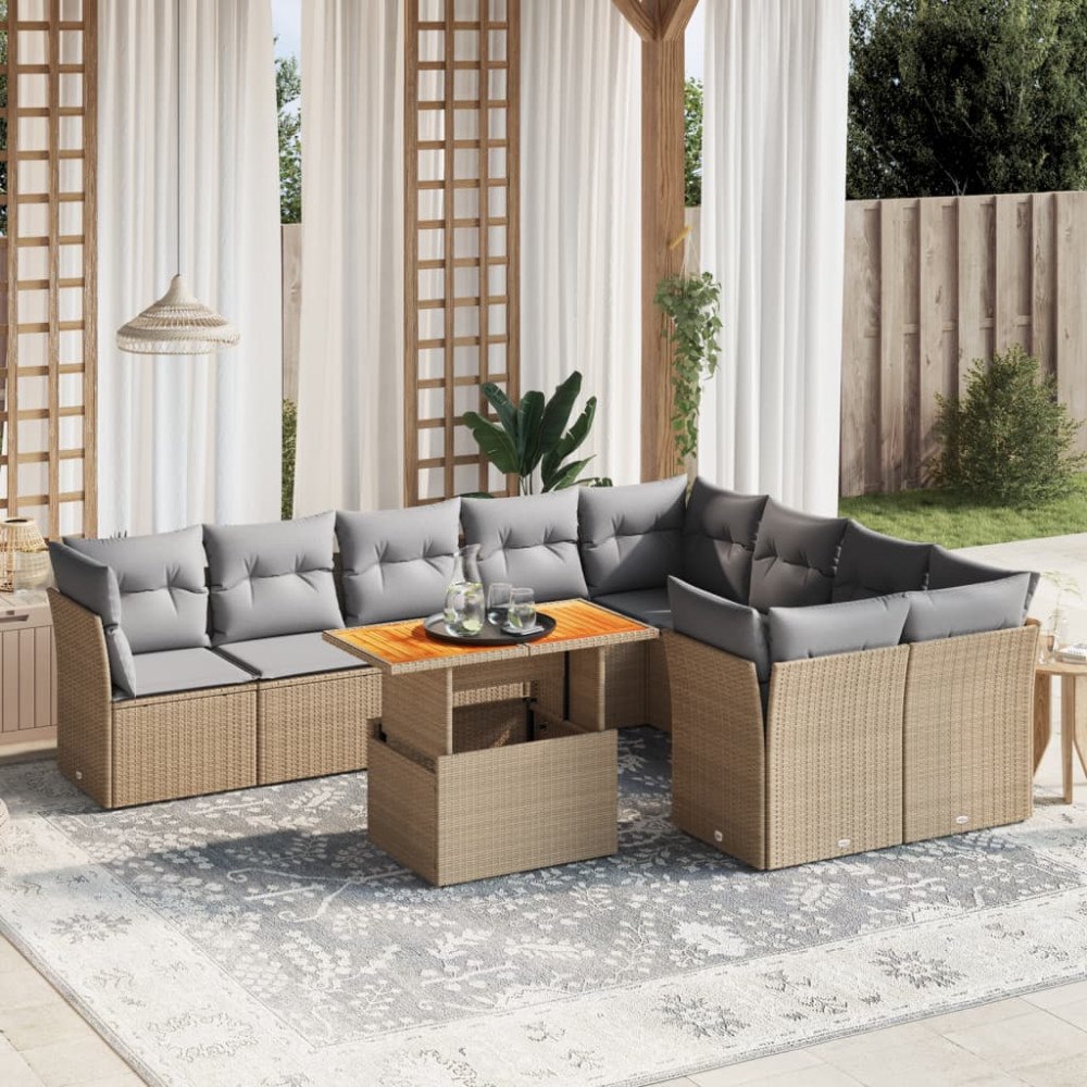vidaXL Soffgrupp för trädgård med dynor 10 delar beige konstrotting