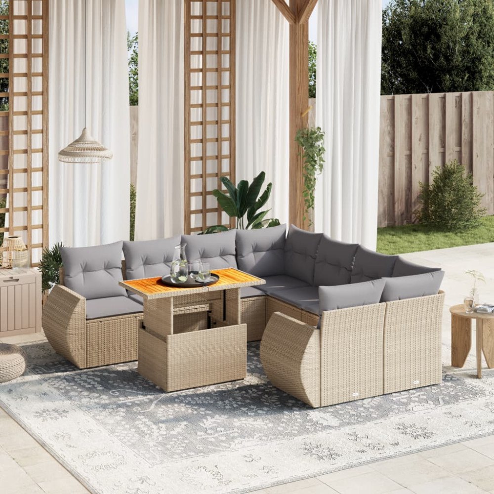 vidaXL Soffgrupp för trädgården med dynor 9 delar beige konstrotting
