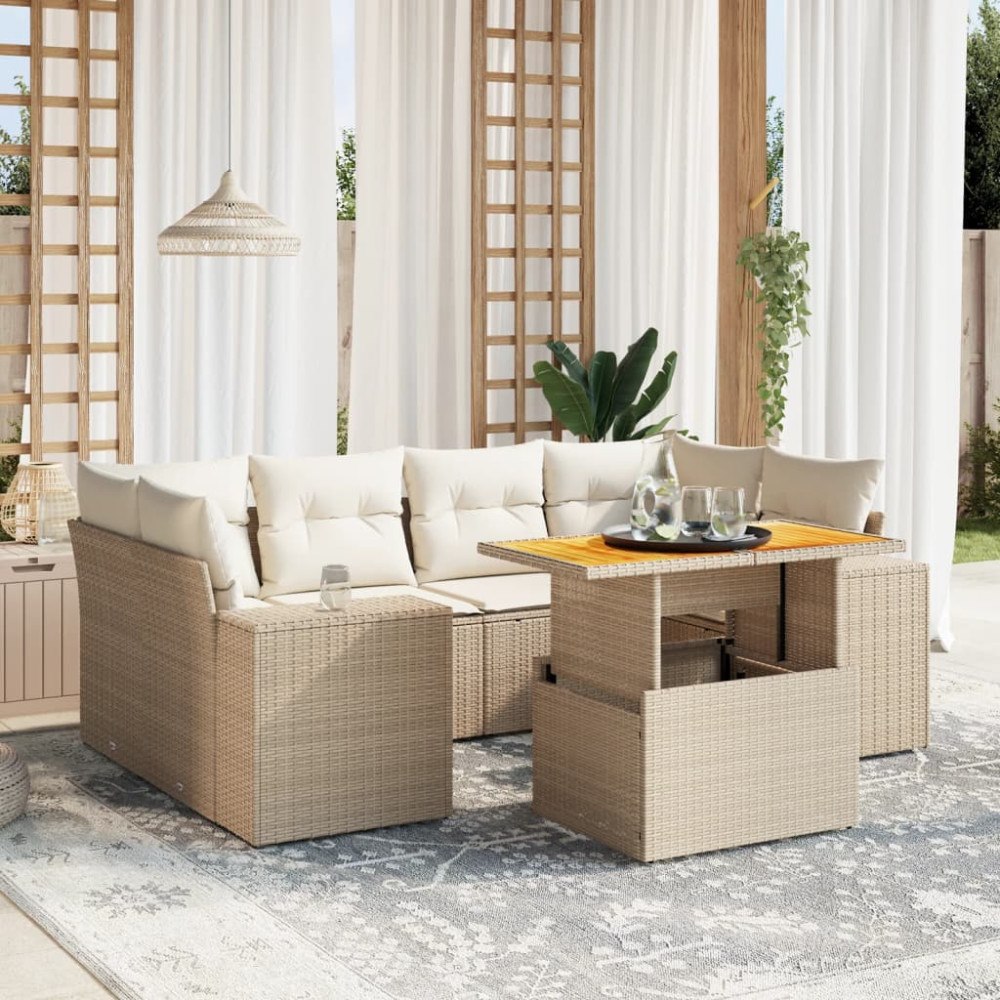 vidaXL Matgrupp för trädgården med dynor 7 delar beige konstrotting