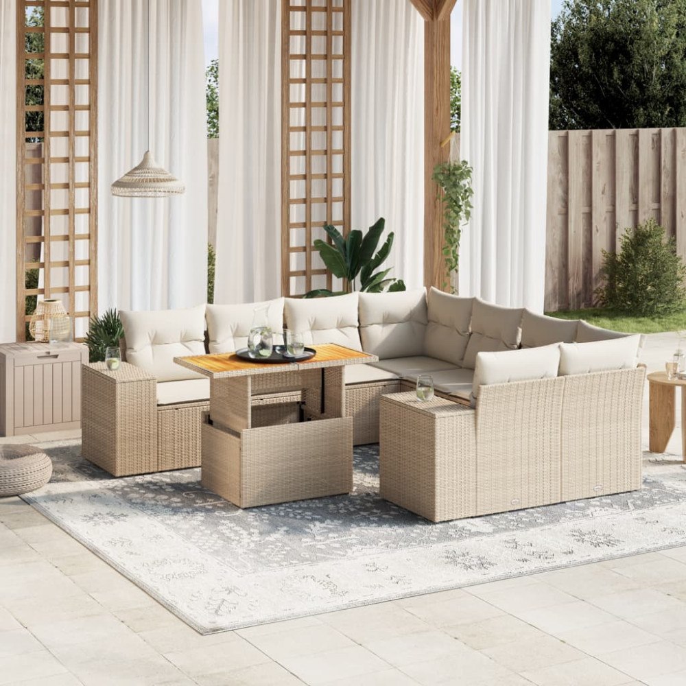 vidaXL Soffgrupp för trädgården med dynor 9 delar beige konstrotting